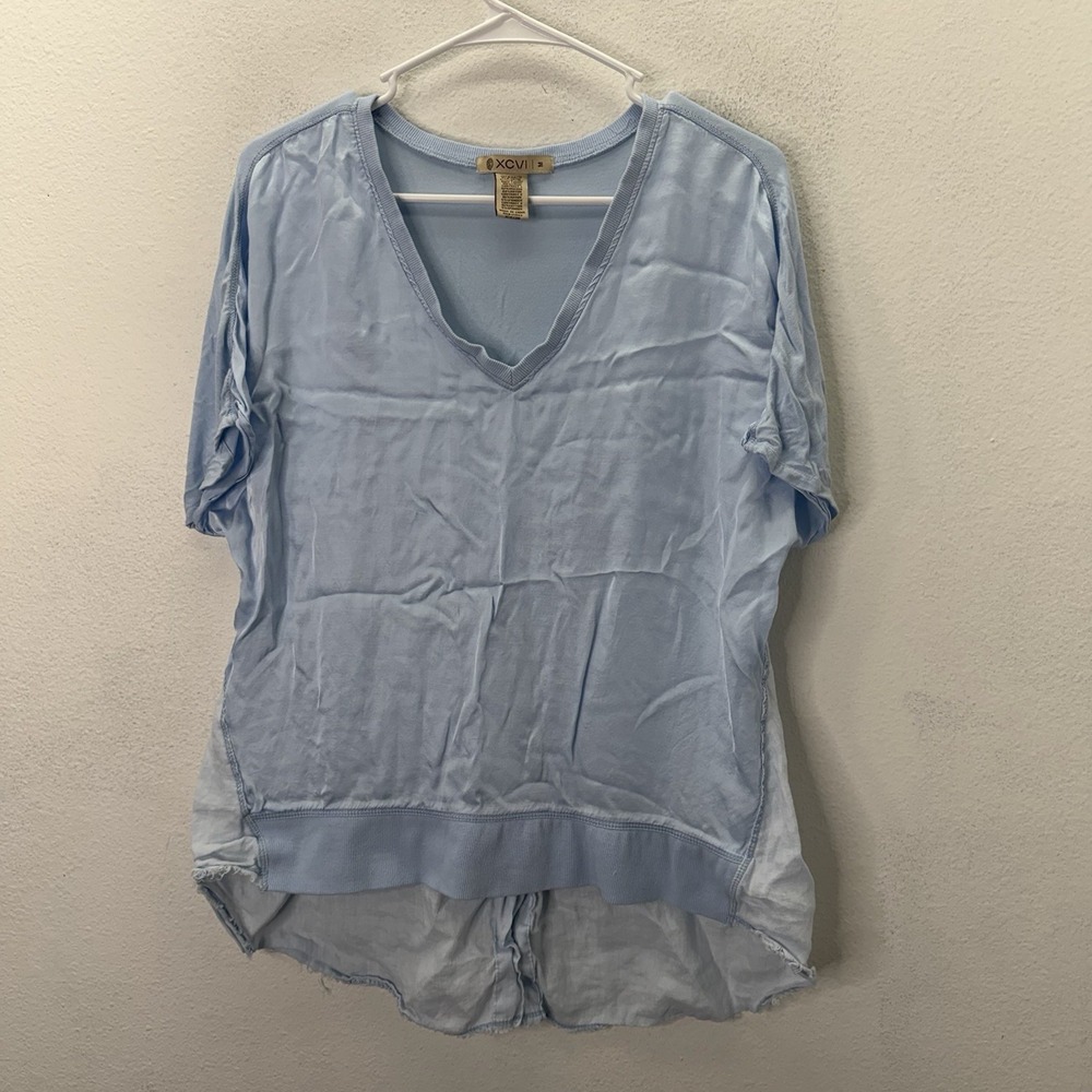 XCVI Mixed Media Top Satin Linen V Neck Tunic lagenlook oversized coastal beach
